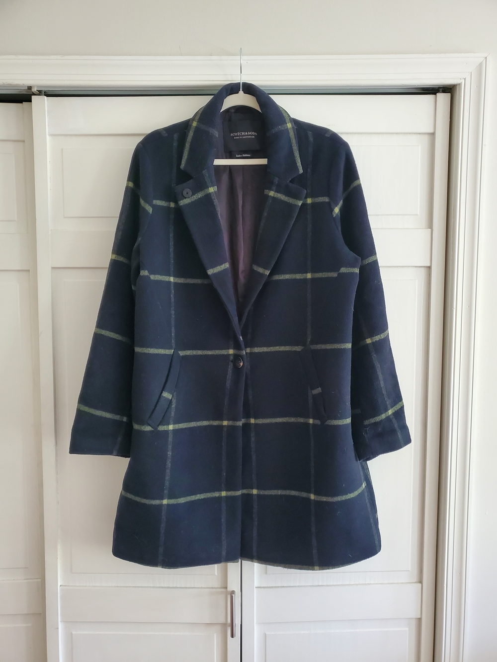 Scotch & Soda Navy Windowpane Wool Blend Coat